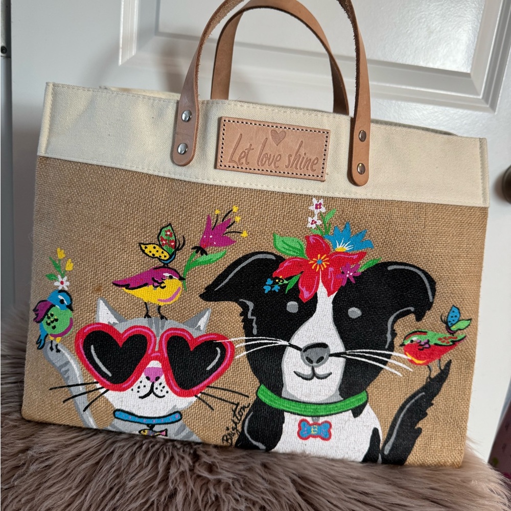 Colorful burlap Tote with Cat and Dog Design